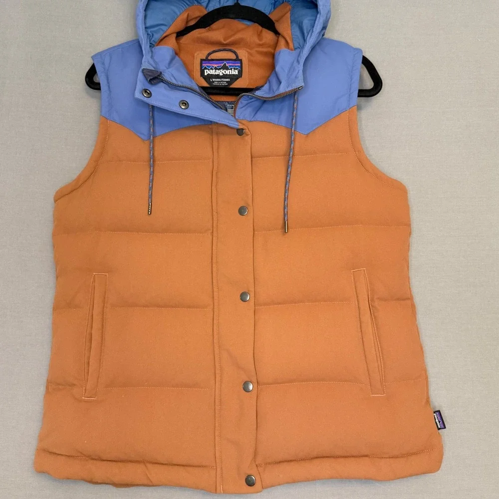 Patagonia Bivy Hooded Down Vest Women's Large Brown Blue Puffer Canvas